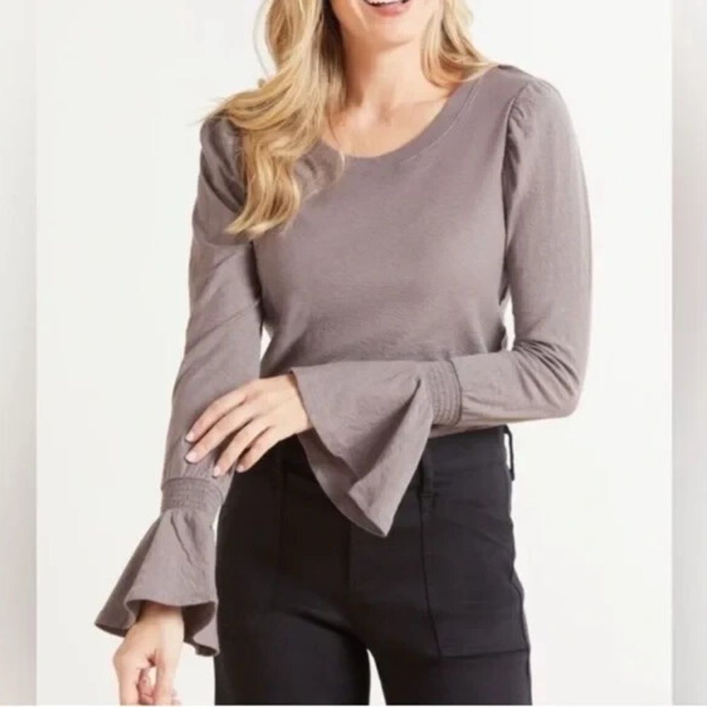 Nation LTD Taupe Penny Flounce Trendy Style  Long Sleeve Top Size Small
